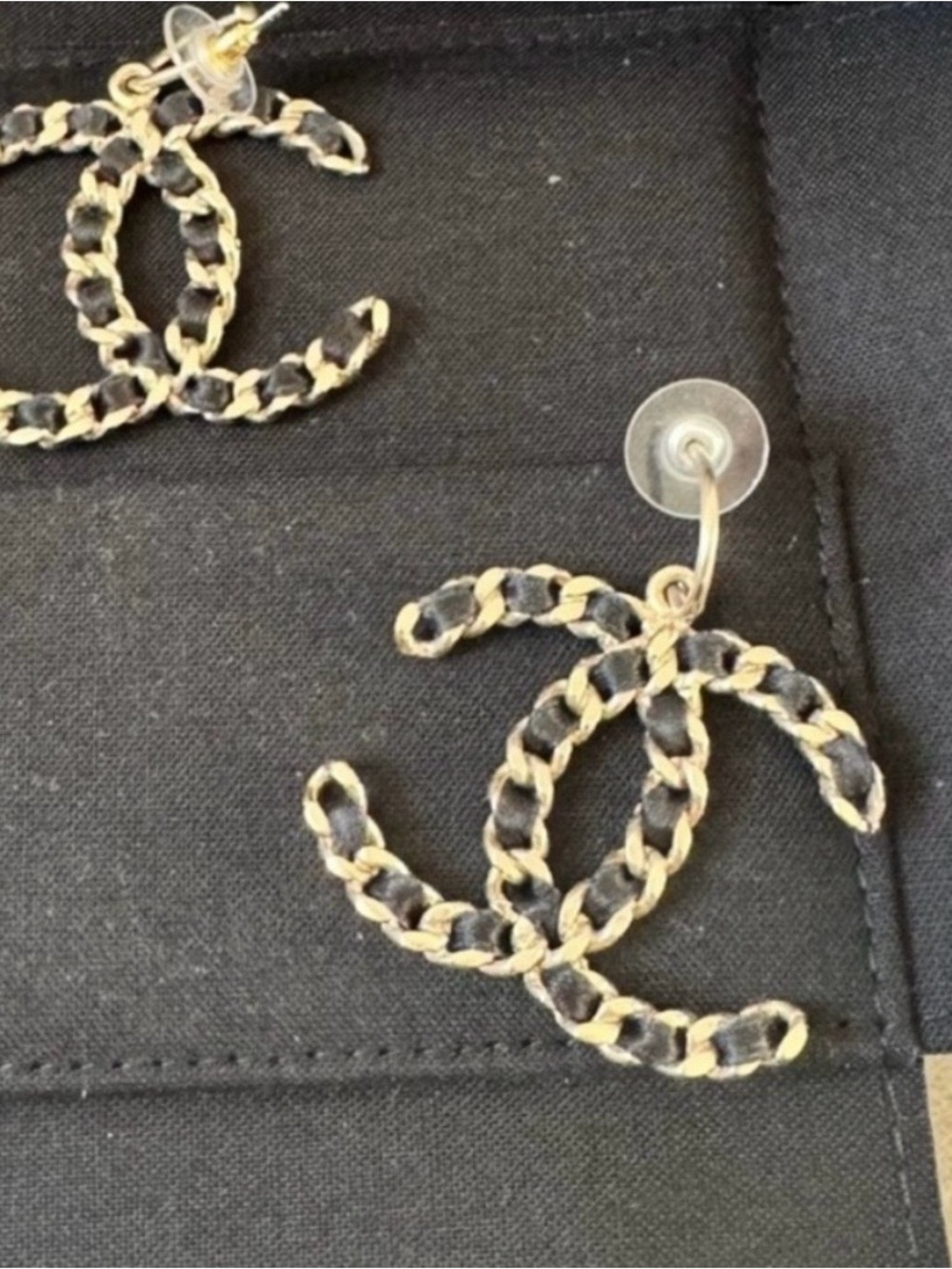 CHANEL XL Gold-Tone and Black Woven CC Drop Earrings